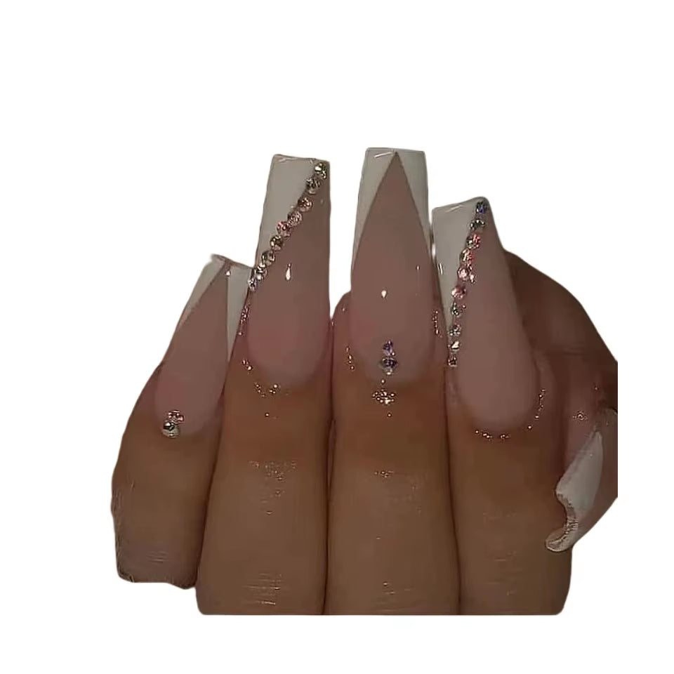 24Pcs Long Ballet French Girls Nail Art White Fake Nails Manicure Press on Nails False with Designs Artificial Wearing Reusable