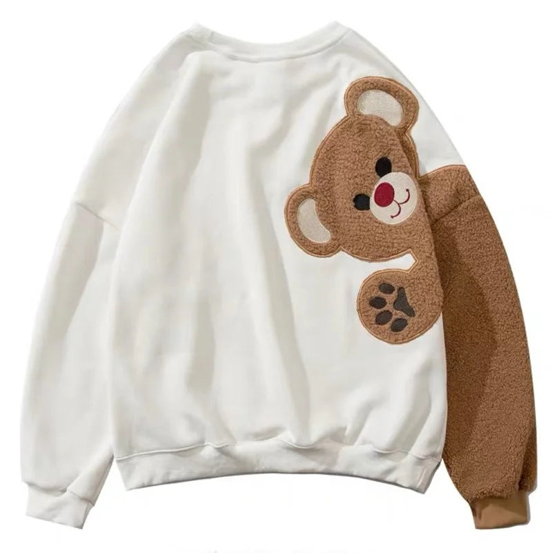 2025 Spring Harajuku Men round Neck Sweatshirt Flocking Cartoon Bear Fleece Long Sleeves Hoodies Unisex Couple Matching Outwear