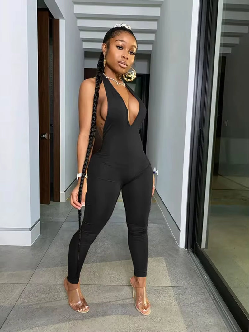 Backless Halter Deep V Neck Bodycon Jumpsuit Women Rompers Sexy Club Jumpsuits Sporty One Piece Outfits C87-BB20
