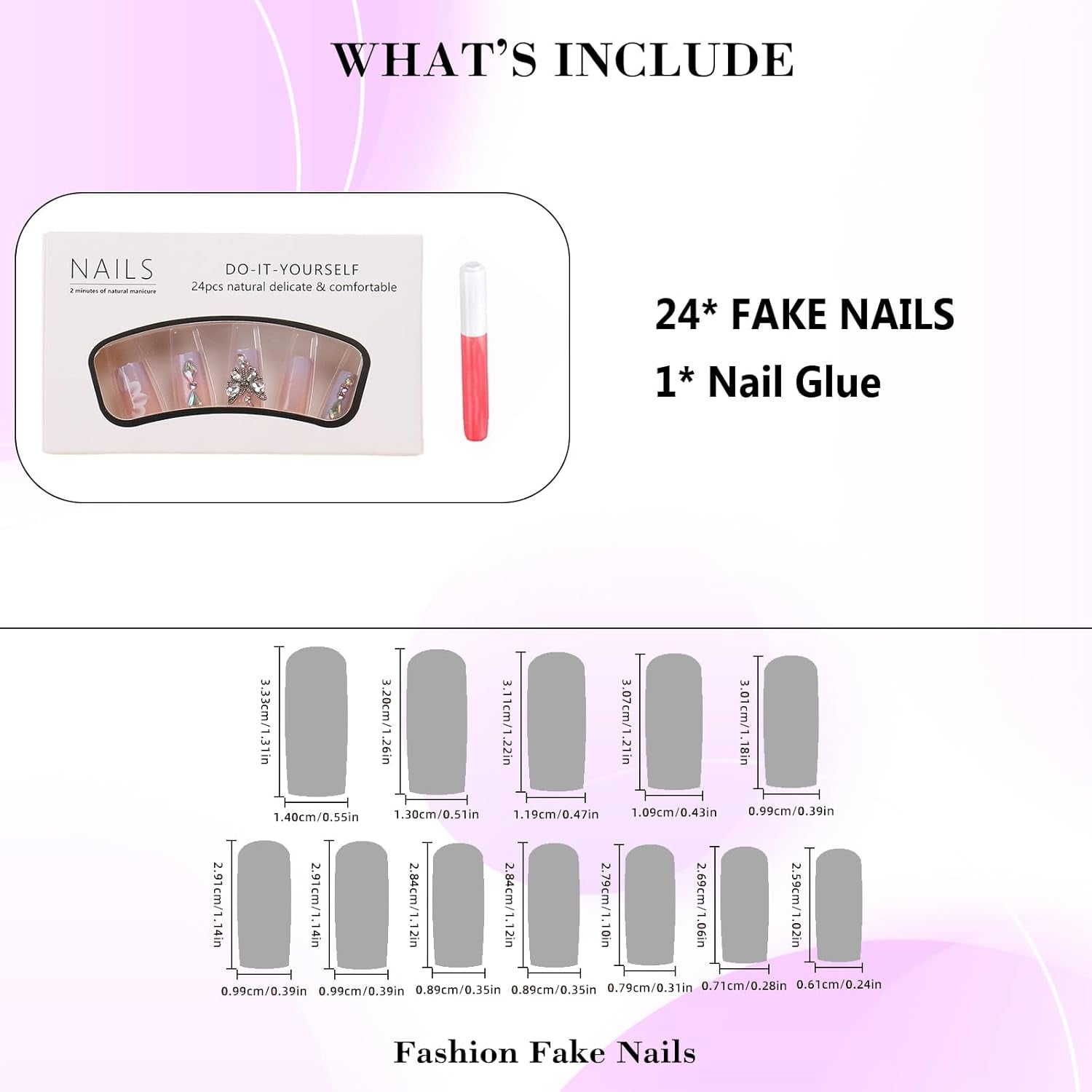 Press on Nails Long Square Fake Nails Purple Gradient Glossy False Nails Full Cover Glue on Nails with Butterfly Rhinestone Designs Artificial Summer Acrylic Squoval Nail Kit