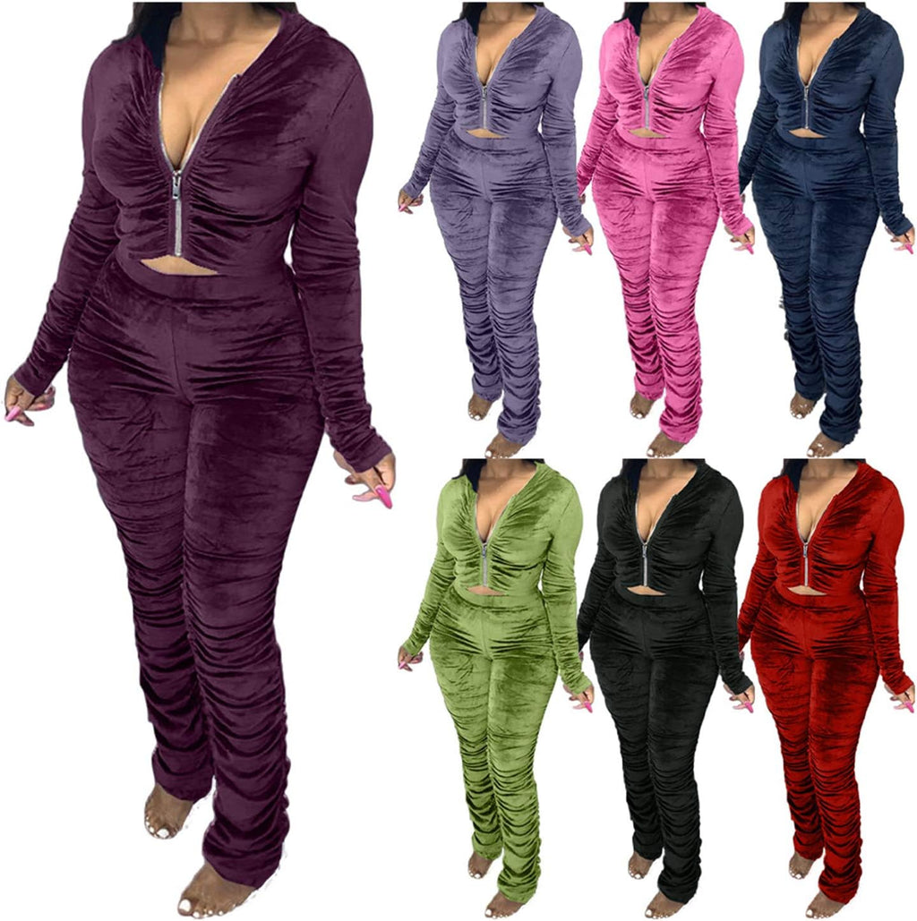 Women'S Two Piece Velour Sweatsuit Zip up Hoodie Coat Long Stacked Leggings Pants Set Tracksuit Sportwear Purple M