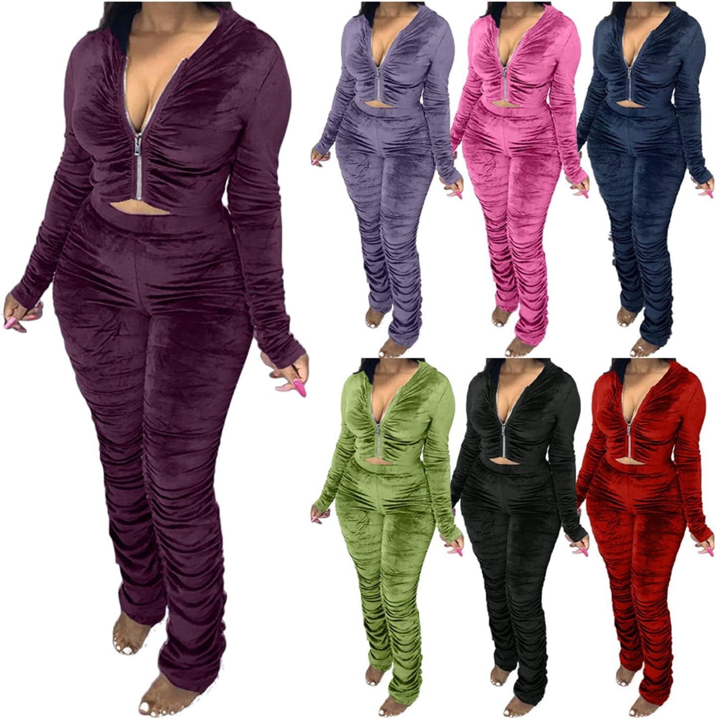Women'S Two Piece Velour Sweatsuit Zip up Hoodie Coat Long Stacked Leggings Pants Set Tracksuit Sportwear Purple M