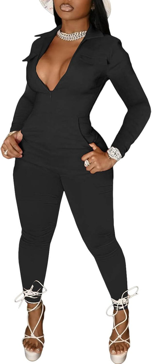 Sexy Full Bodysuit for Women Bodycon Long Sleeve Deep V Neck Jumpsuit One Piece Long Pants Party Clubwear Romper