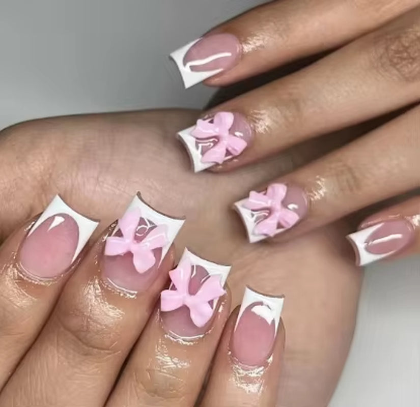 24Pcs Sweet Cat Eye French Press on Nails Diamond-Pointed Three Dimensional Bow Knot Wearable Nail for Women&Girl Almond Nail