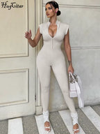 Women Fashion Sleeveless Zipper Neck Sexy Bodycon One Piece Jumpsuit 2023 Summer Streetwear Party Gym Romper Overalls