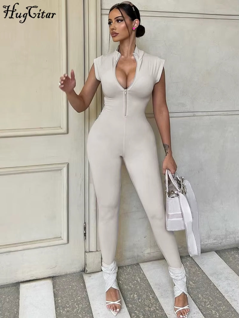 Women Fashion Sleeveless Zipper Neck Sexy Bodycon One Piece Jumpsuit 2023 Summer Streetwear Party Gym Romper Overalls