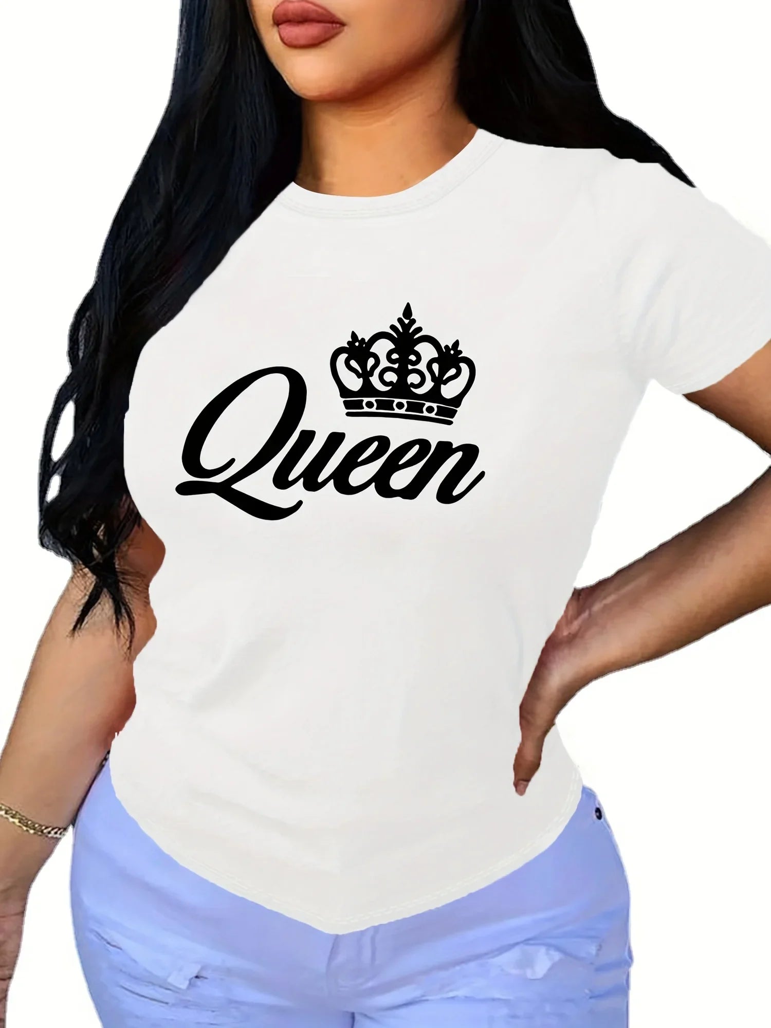 Short Sleeve Crown Letter Print Crew Neck T-Shirt for Spring & Summer Casual Women'S Clothing