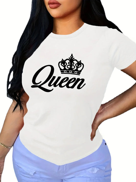 Short Sleeve Crown Letter Print Crew Neck T-Shirt for Spring & Summer Casual Women'S Clothing