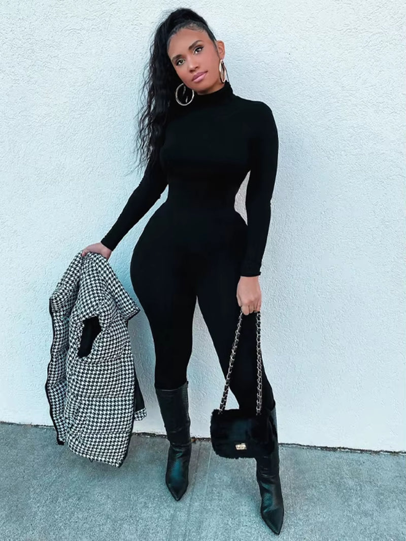 Long Sleeve Solid Turtleneck Skinny Bodycon Jumpsuit Autumn Winter Women Fashion Streetwear Casual Romper