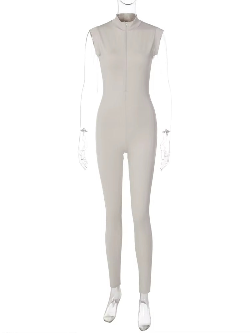 Women Fashion Sleeveless Zipper Neck Sexy Bodycon One Piece Jumpsuit 2023 Summer Streetwear Party Gym Romper Overalls