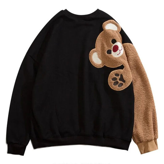 2025 Spring Harajuku Men round Neck Sweatshirt Flocking Cartoon Bear Fleece Long Sleeves Hoodies Unisex Couple Matching Outwear