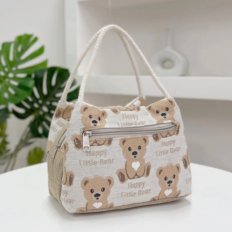 Fashion Cartoon Bear Lunch Bags for Women Large Capacity Tote Picnic Drink Lunchbox Bag Portable Outdoor Office Food Bags