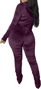 Women'S Two Piece Velour Sweatsuit Zip up Hoodie Coat Long Stacked Leggings Pants Set Tracksuit Sportwear Purple M