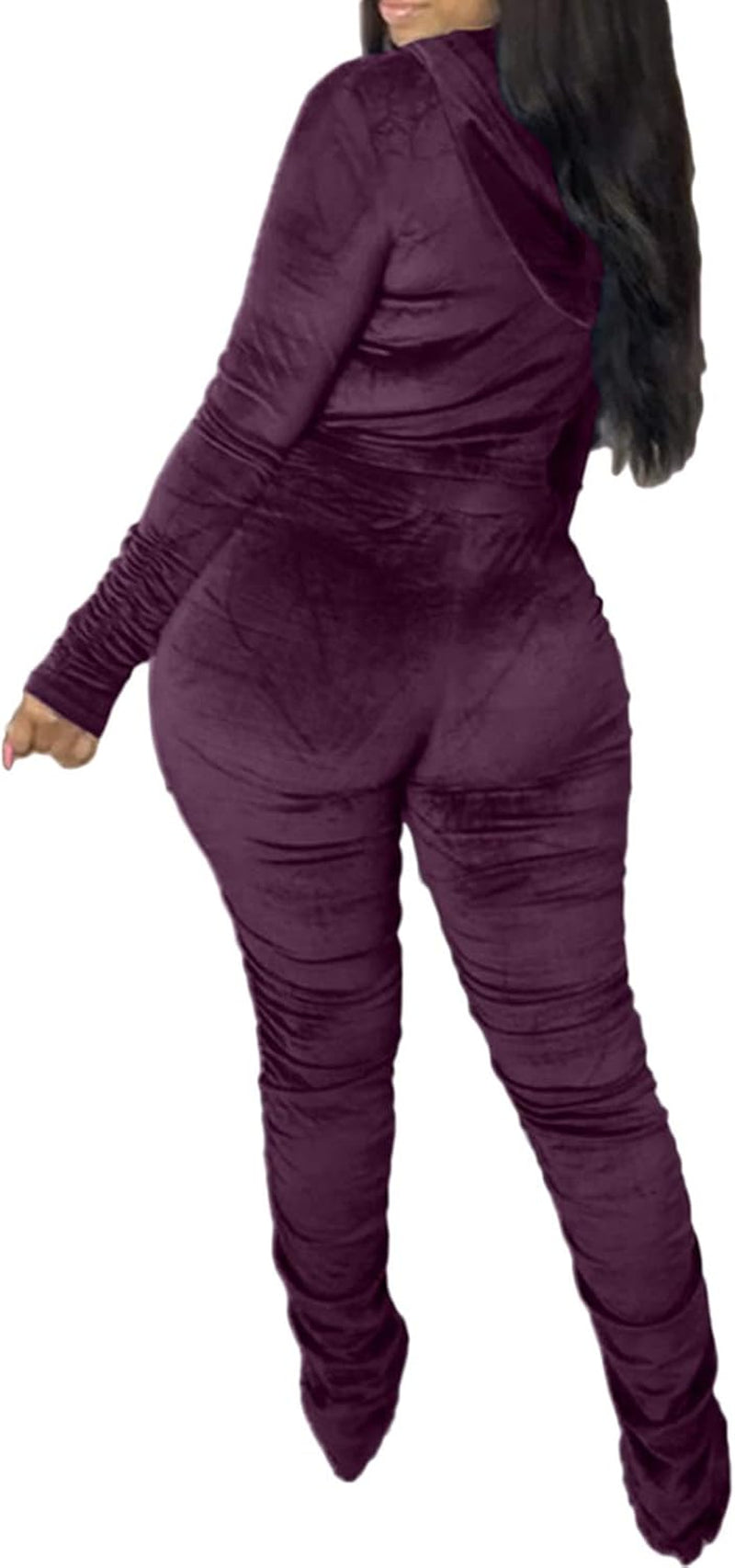 Women'S Two Piece Velour Sweatsuit Zip up Hoodie Coat Long Stacked Leggings Pants Set Tracksuit Sportwear Purple M