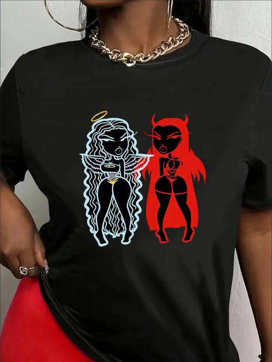 Angel and Demon Print T-Shirt, Short Sleeve Crew Neck Casual Top for Summer & Spring, Women'S Clothing