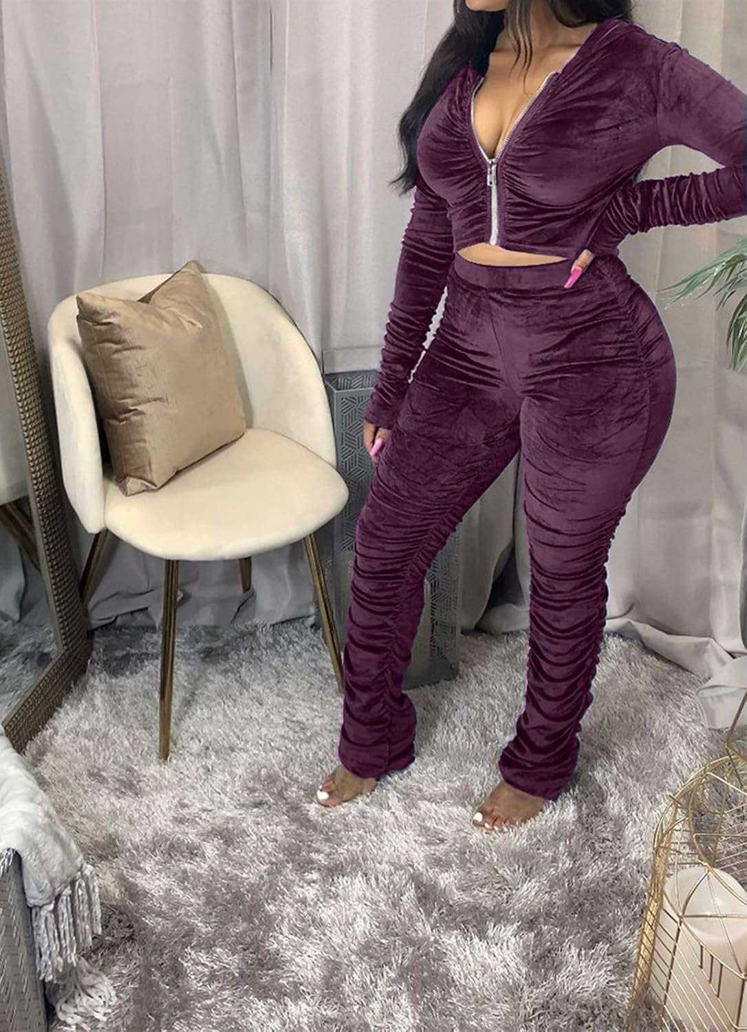 Women'S Two Piece Velour Sweatsuit Zip up Hoodie Coat Long Stacked Leggings Pants Set Tracksuit Sportwear Purple M
