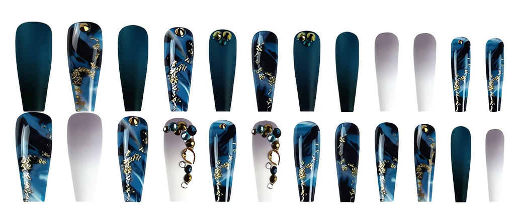 Long Press on Nails Navy Blue Coffin Fake Nails French Marble False Nails with Glitter Designs Rhinestones Glue on Nail Matte Stick on Artificial Nails for Women 24Pcs