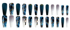 Long Press on Nails Navy Blue Coffin Fake Nails French Marble False Nails with Glitter Designs Rhinestones Glue on Nail Matte Stick on Artificial Nails for Women 24Pcs