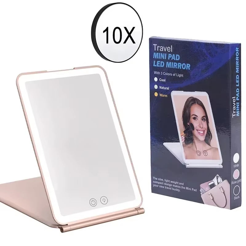 LED Makeup Mirror 10X Magnifying Mirror with Lights Portable Foldable Travel Desk Vanity Table Bath Bedroom Mirrors Makeup Tools