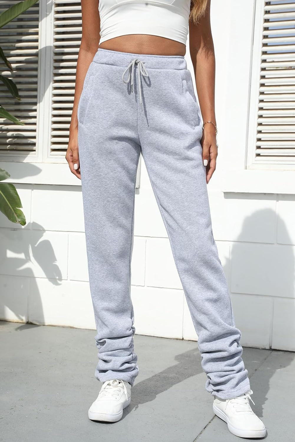 Women Stacked Sweatpants Thick Warm Fleece Lined Pants Drawstring Waist Ruched Active Joggers