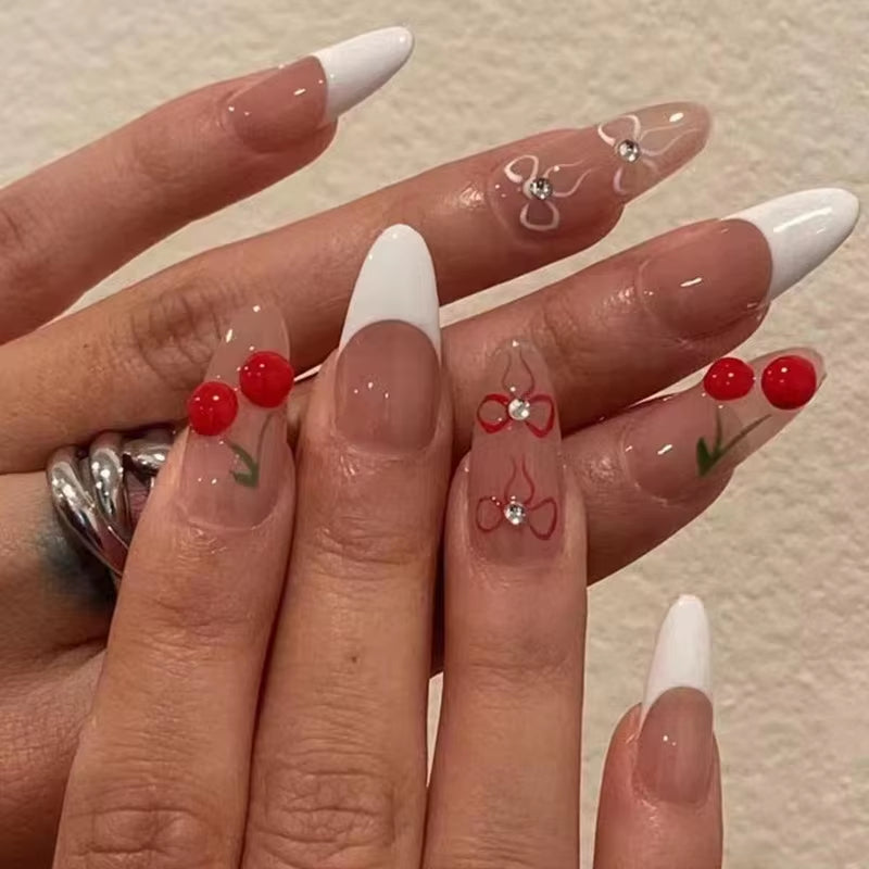24Pcs Sweet Cat Eye French Press on Nails Diamond-Pointed Three Dimensional Bow Knot Wearable Nail for Women&Girl Almond Nail