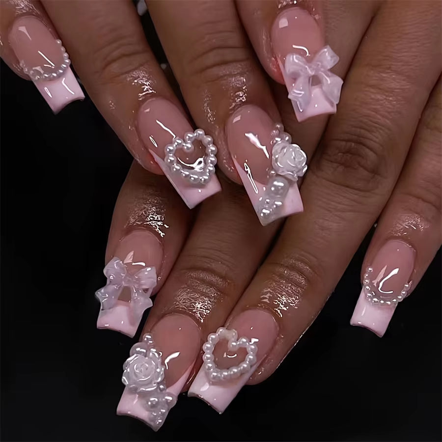24Pcs Sweet Cat Eye French Press on Nails Diamond-Pointed Three Dimensional Bow Knot Wearable Nail for Women&Girl Almond Nail