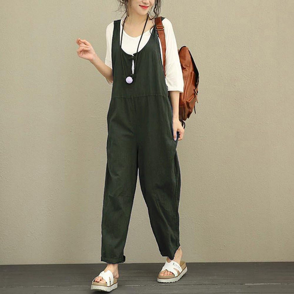 Jumpsuits for Women Loose Cotton Linen Overalls Wide Leg Short Pants Button down Tank Tops Casual Rompers Green