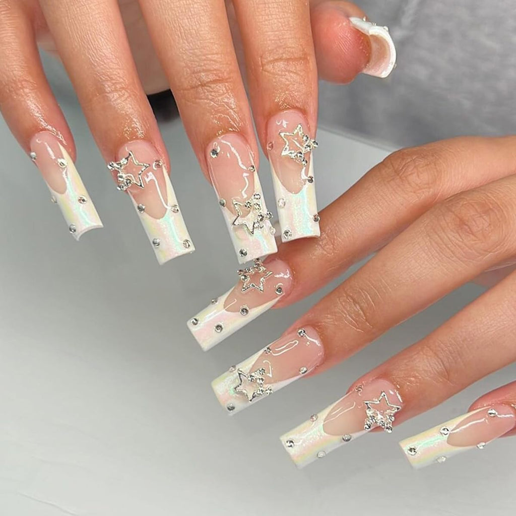 Square Press on Nails Long,French Tips Fake Nails with Rhinestones 3D Star Shiny Charms Designs Coffin False Nails White Nails Tips Artificial Nails Supplies Full Cover Glue on Nails for Women 24Pcs