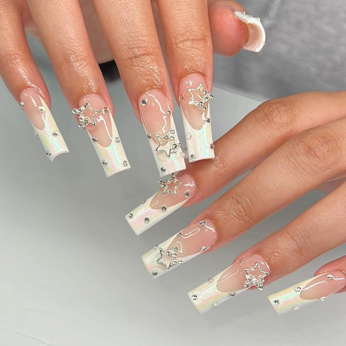 Square Press on Nails Long,French Tips Fake Nails with Rhinestones 3D Star Shiny Charms Designs Coffin False Nails White Nails Tips Artificial Nails Supplies Full Cover Glue on Nails for Women 24Pcs