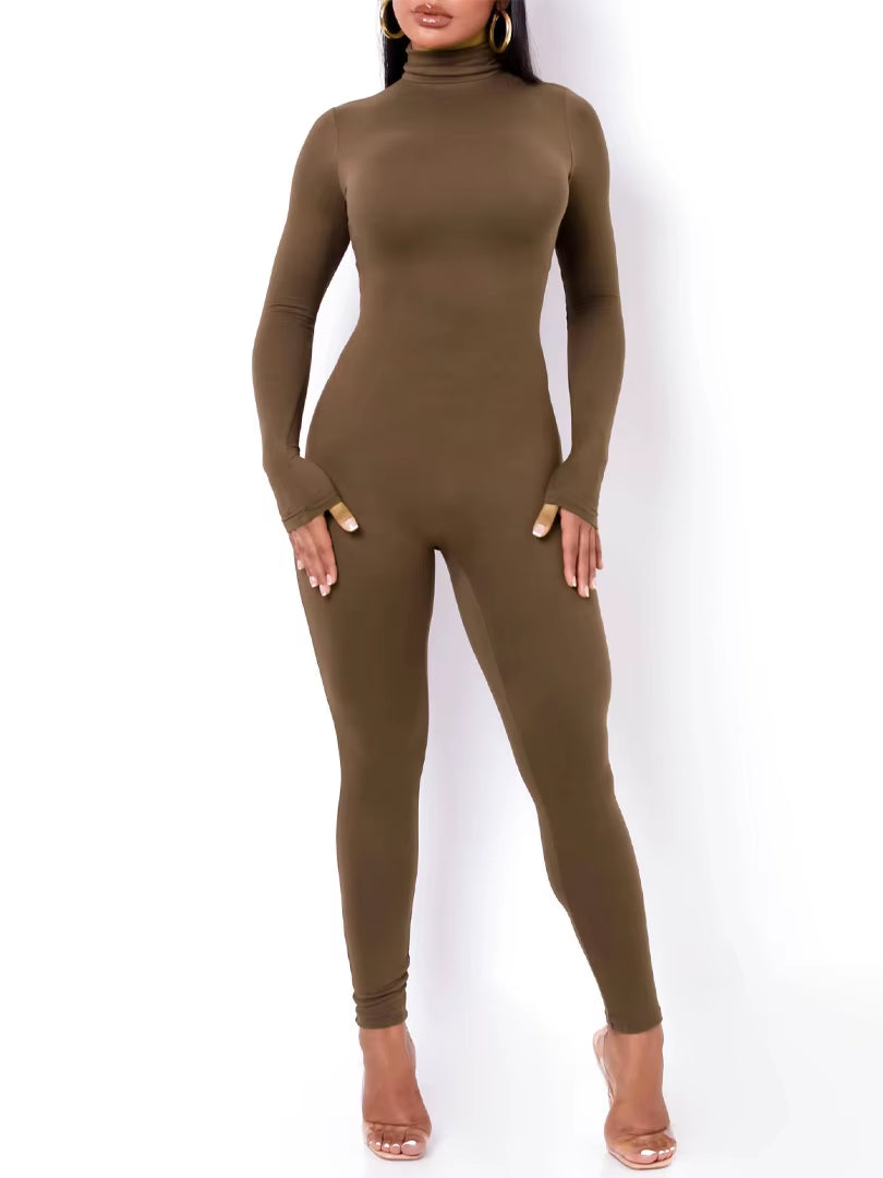 Long Sleeve Solid Turtleneck Skinny Bodycon Jumpsuit Autumn Winter Women Fashion Streetwear Casual Romper