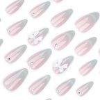 24Pcs Sweet Cat Eye French Press on Nails Diamond-Pointed Three Dimensional Bow Knot Wearable Nail for Women&Girl Almond Nail