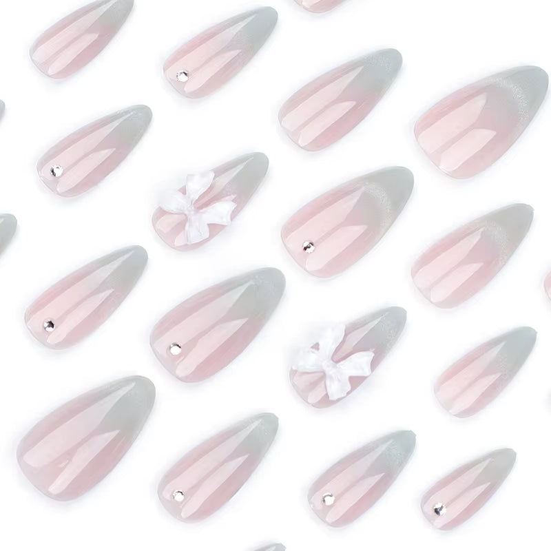 24Pcs Sweet Cat Eye French Press on Nails Diamond-Pointed Three Dimensional Bow Knot Wearable Nail for Women&Girl Almond Nail