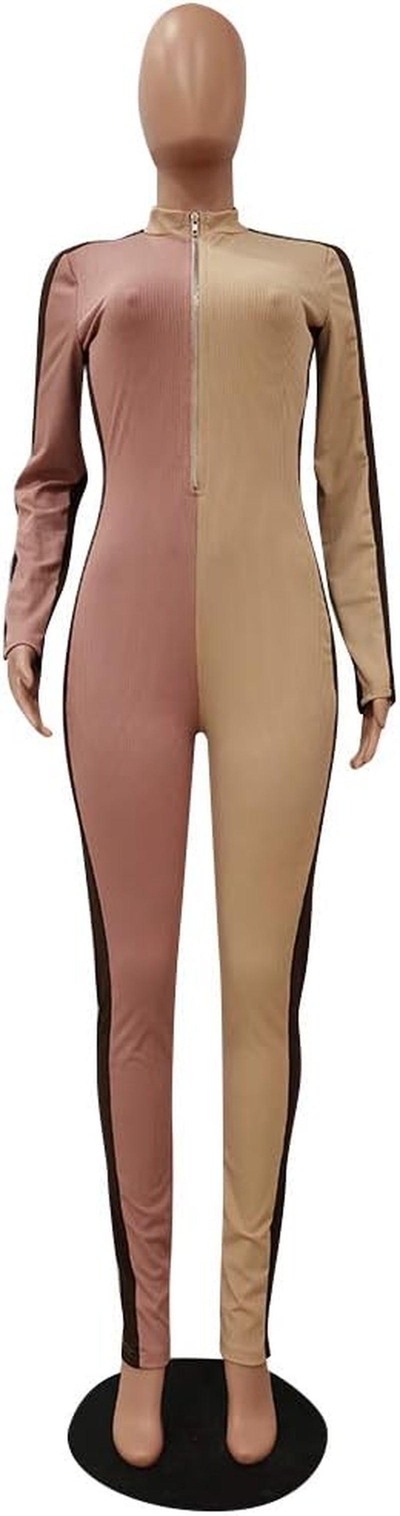 Womens Sexy Color Block Zip up Long Sleeve Bodycon Jumpsuits Clubwear Brown Size XXL