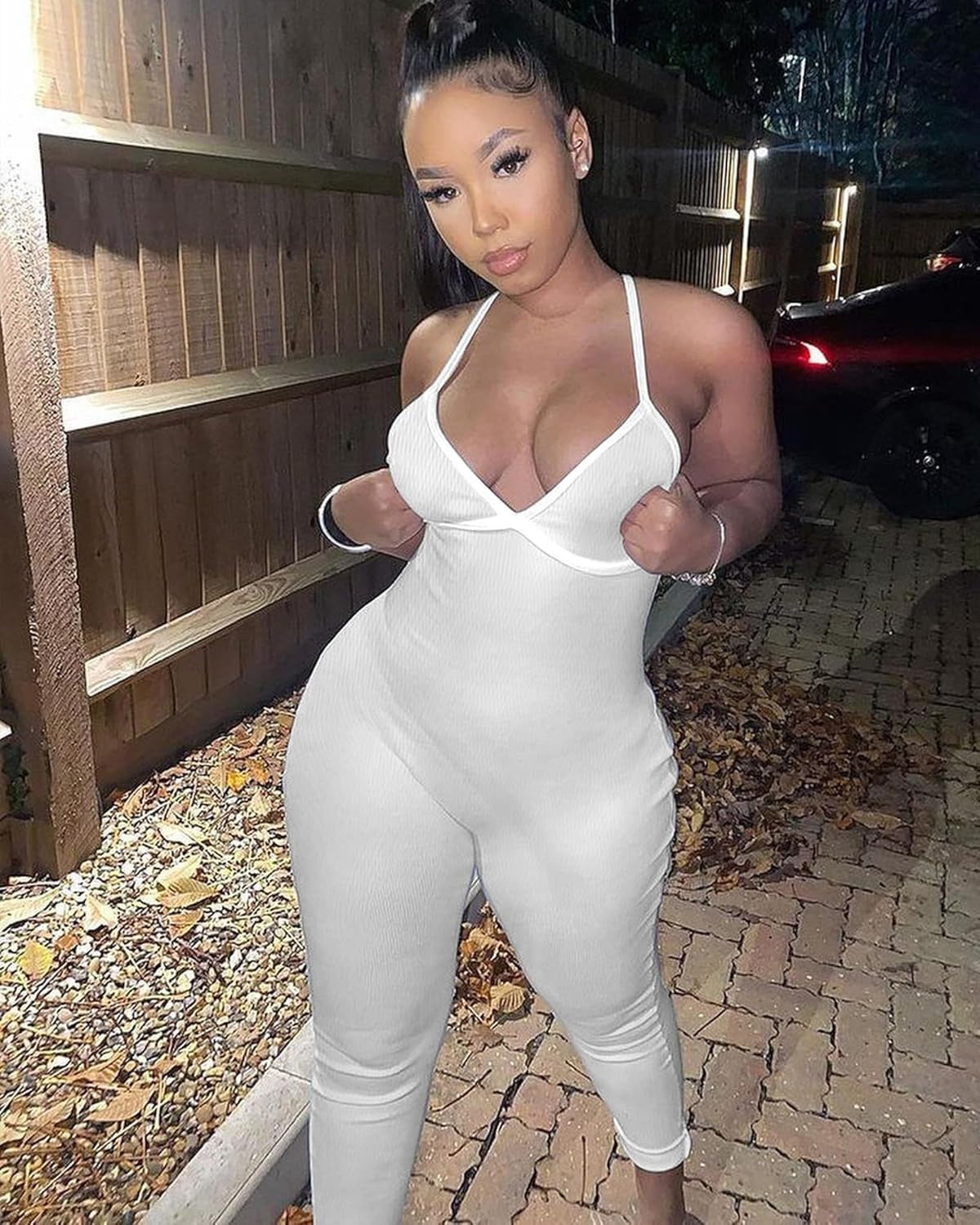 Womens Sexy Ribbed Bodycon One Piece Jumpsuits Summer Cute Backless Sleeveless Long Pants Rompers Party Club Outfits White L