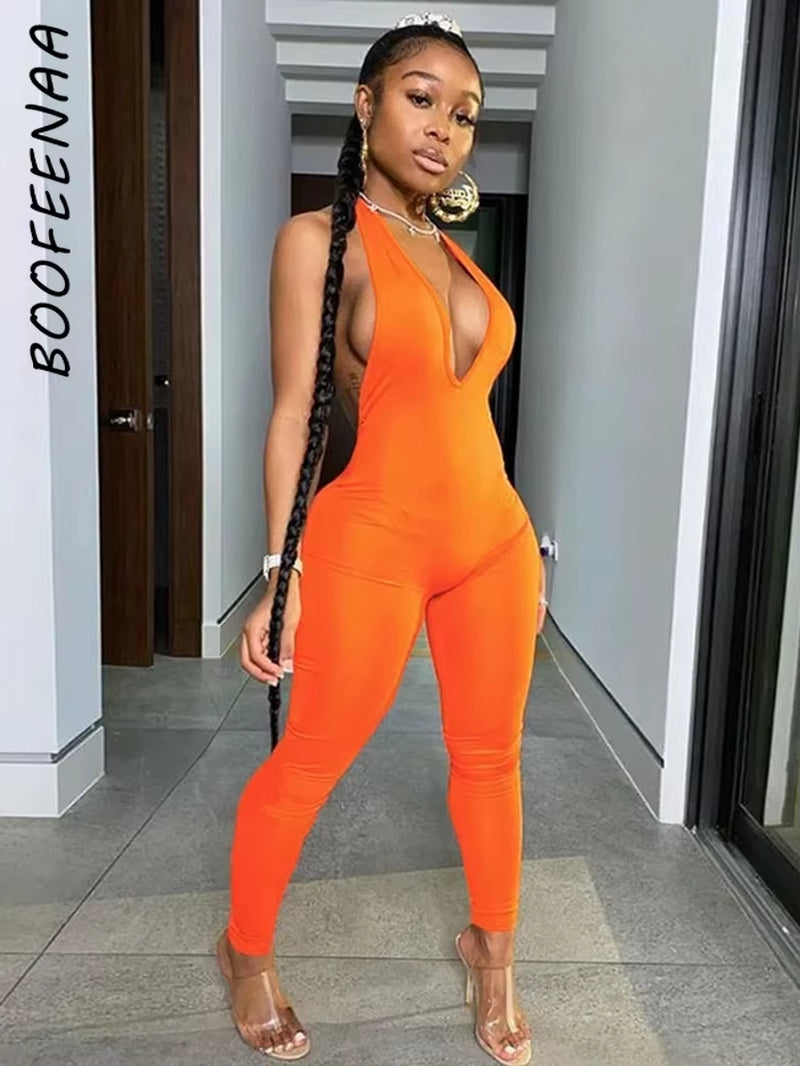 Backless Halter Deep V Neck Bodycon Jumpsuit Women Rompers Sexy Club Jumpsuits Sporty One Piece Outfits C87-BB20