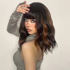 Brown Curly Synthetic Wig Short Wavy Bob Ombre Wigs Platinum Highlight Wig Daily Party Wig for Women Heat Resistant Wig