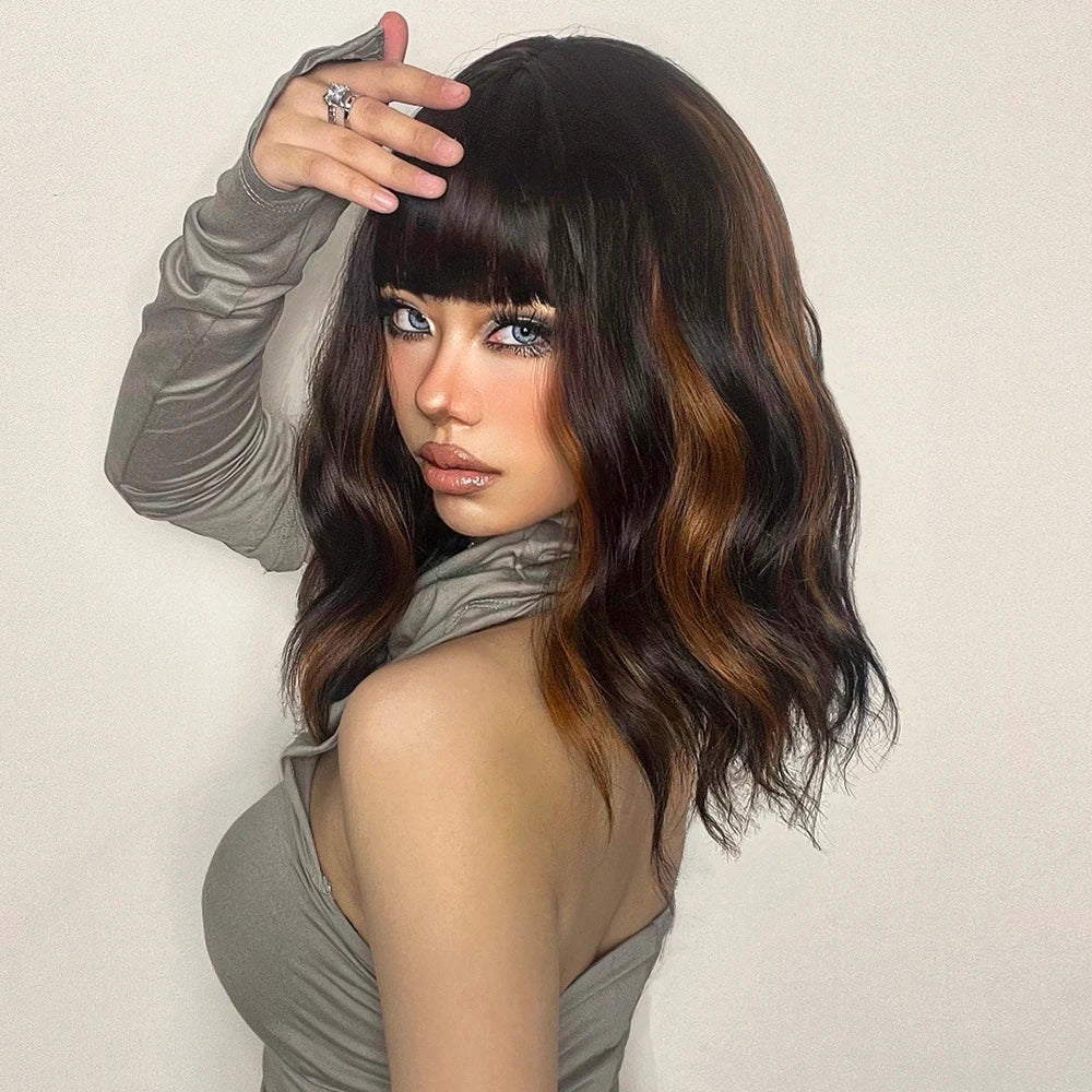 Brown Curly Synthetic Wig Short Wavy Bob Ombre Wigs Platinum Highlight Wig Daily Party Wig for Women Heat Resistant Wig