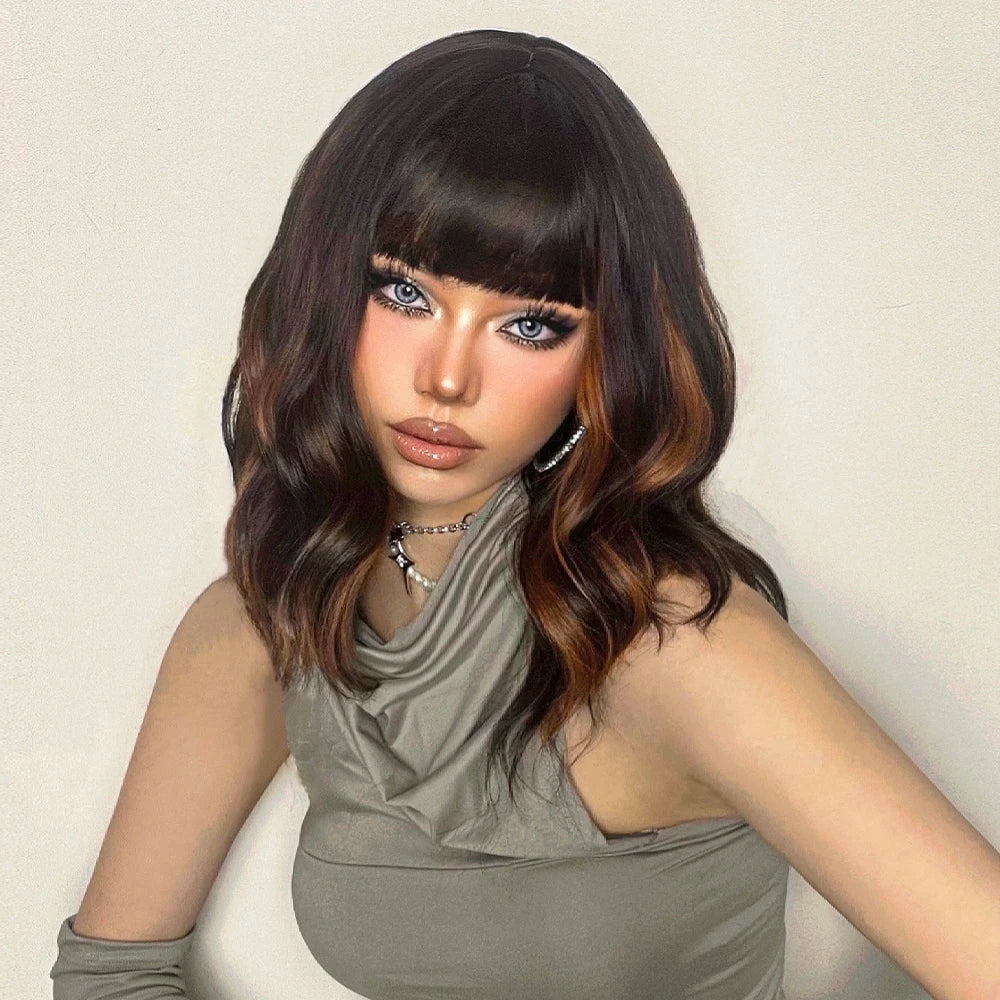 Brown Curly Synthetic Wig Short Wavy Bob Ombre Wigs Platinum Highlight Wig Daily Party Wig for Women Heat Resistant Wig