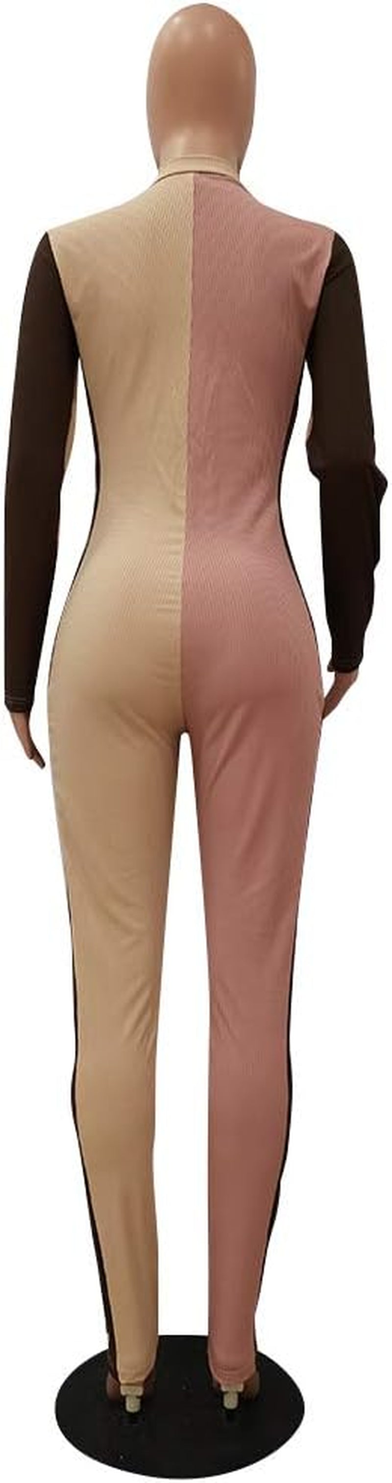 Womens Sexy Color Block Zip up Long Sleeve Bodycon Jumpsuits Clubwear Brown Size XXL
