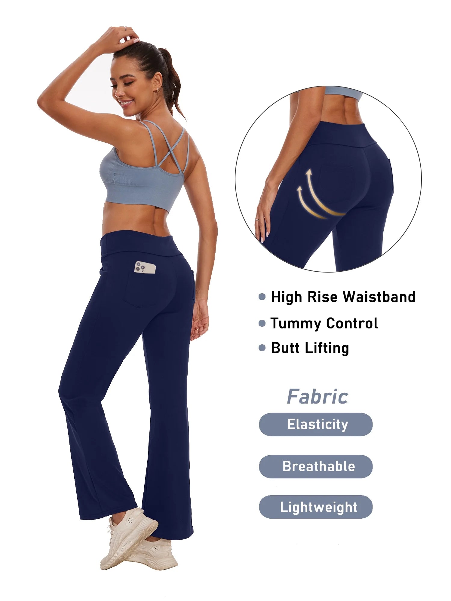 Womens Bootcut Yoga Pants with Pockets Flare Workout Legging High Waist Bootleg Bottoms Activewear Navy Blue 3XL