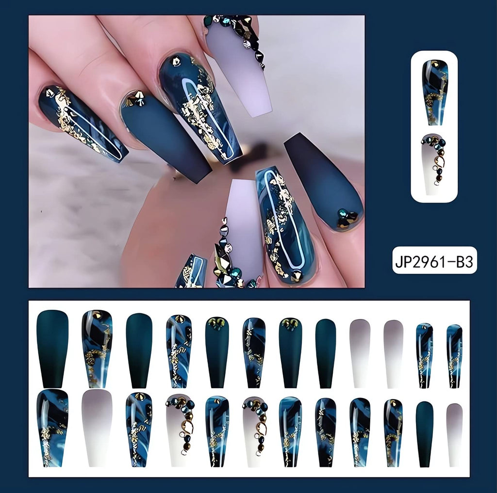 Long Press on Nails Navy Blue Coffin Fake Nails French Marble False Nails with Glitter Designs Rhinestones Glue on Nail Matte Stick on Artificial Nails for Women 24Pcs
