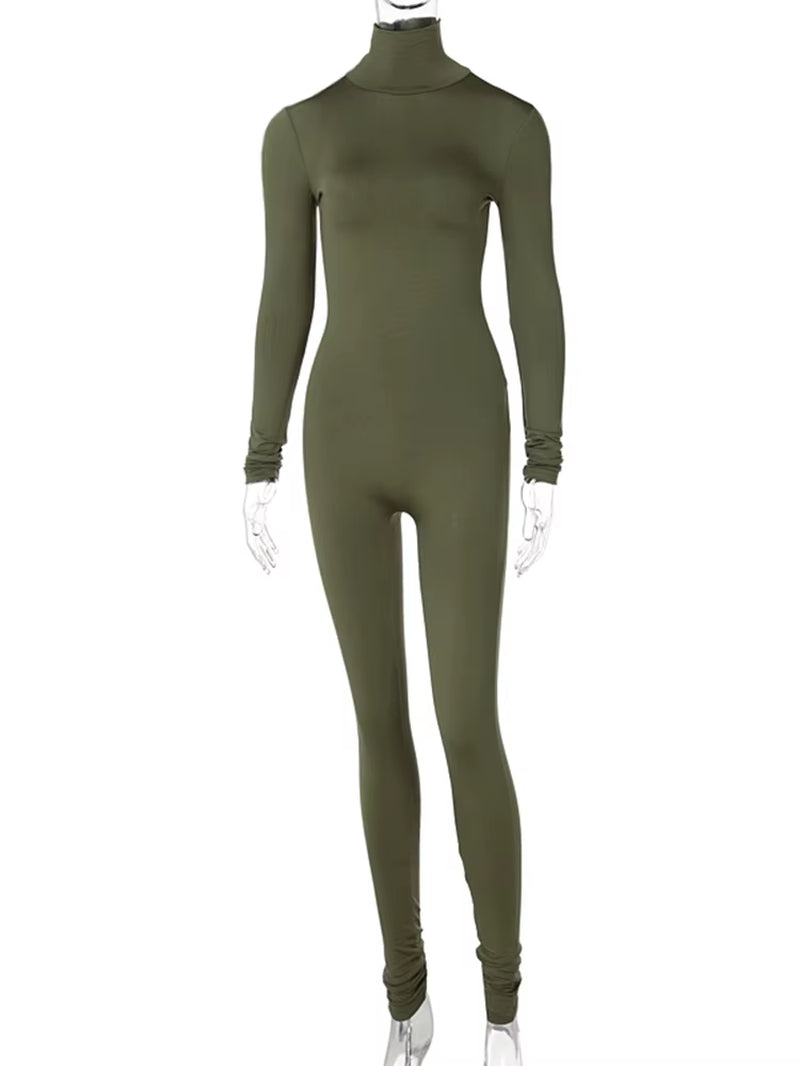 Long Sleeve Solid Turtleneck Skinny Bodycon Jumpsuit Autumn Winter Women Fashion Streetwear Casual Romper