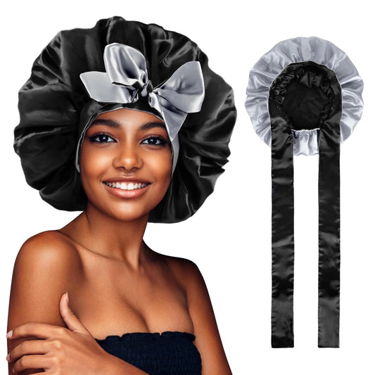 Satin Bonnet for Sleeping, Silk Bonnet Hair Wrap Bonnet for Sleeping Women Double Layer Large with Tie Band Night Cap Gifts
