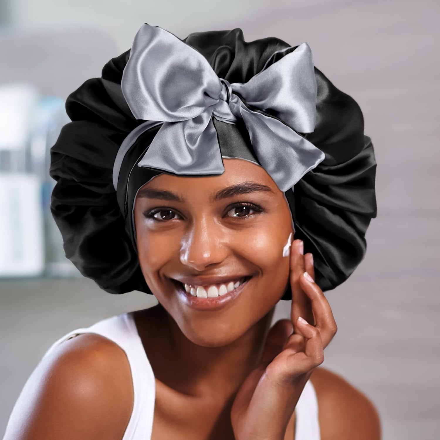 Satin Bonnet for Sleeping, Silk Bonnet Hair Wrap Bonnet for Sleeping Women Double Layer Large with Tie Band Night Cap Gifts