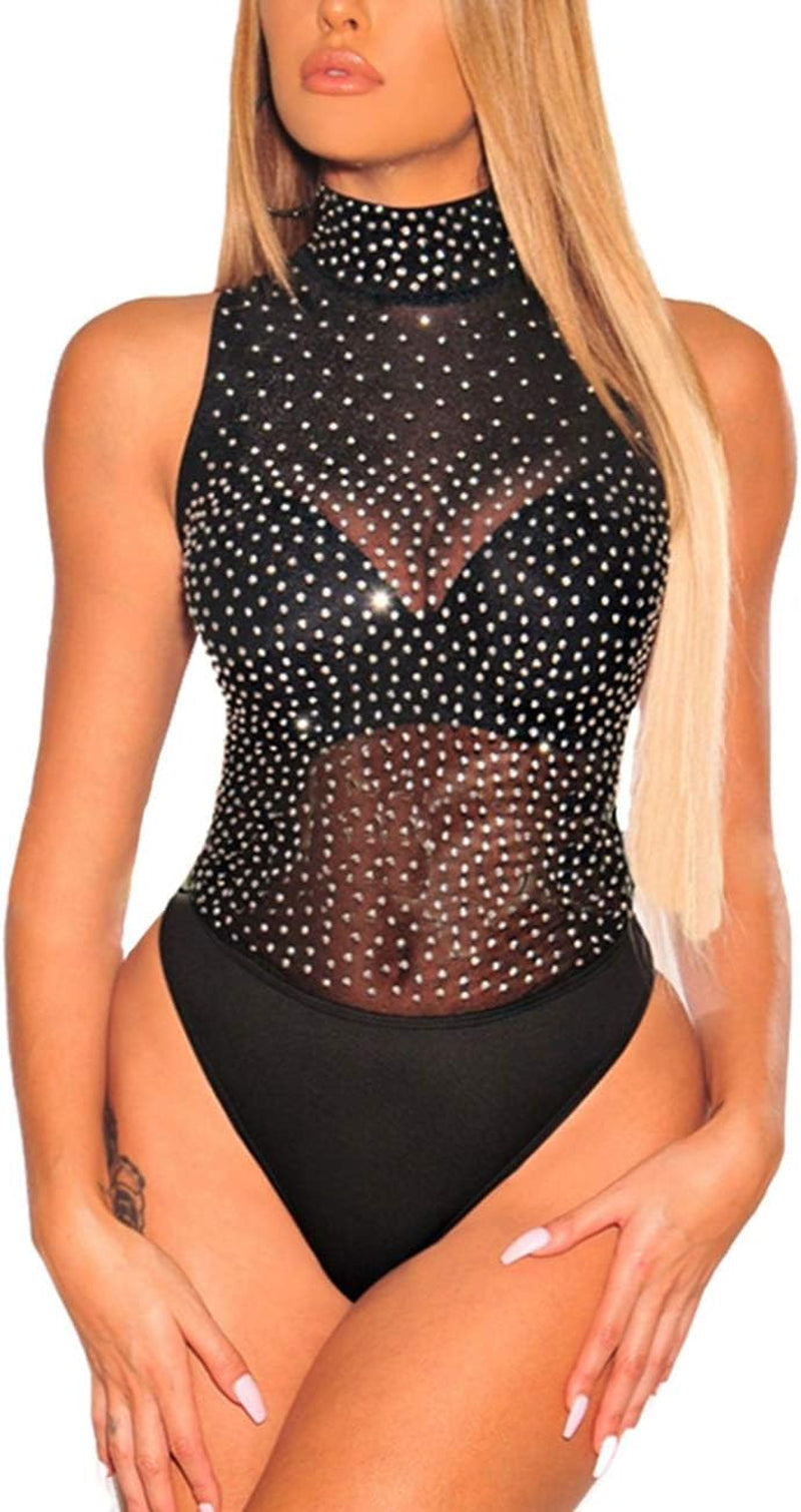 Women Long Sleeves Mesh See through Jumpsuit Bodysuit Top Leotard