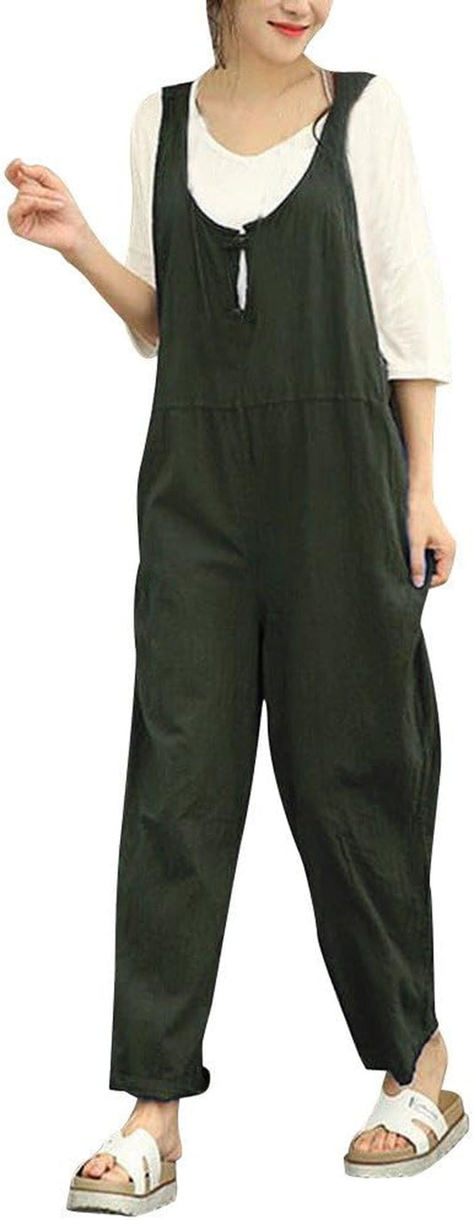 Jumpsuits for Women Loose Cotton Linen Overalls Wide Leg Short Pants Button down Tank Tops Casual Rompers Green