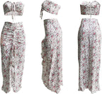 2 Piece Outfits for Women Skirt Sets Summer Two Piece Boho Floral Print Beach Maxi Dress Sexy Crop Tube Top Jumpsuit White L