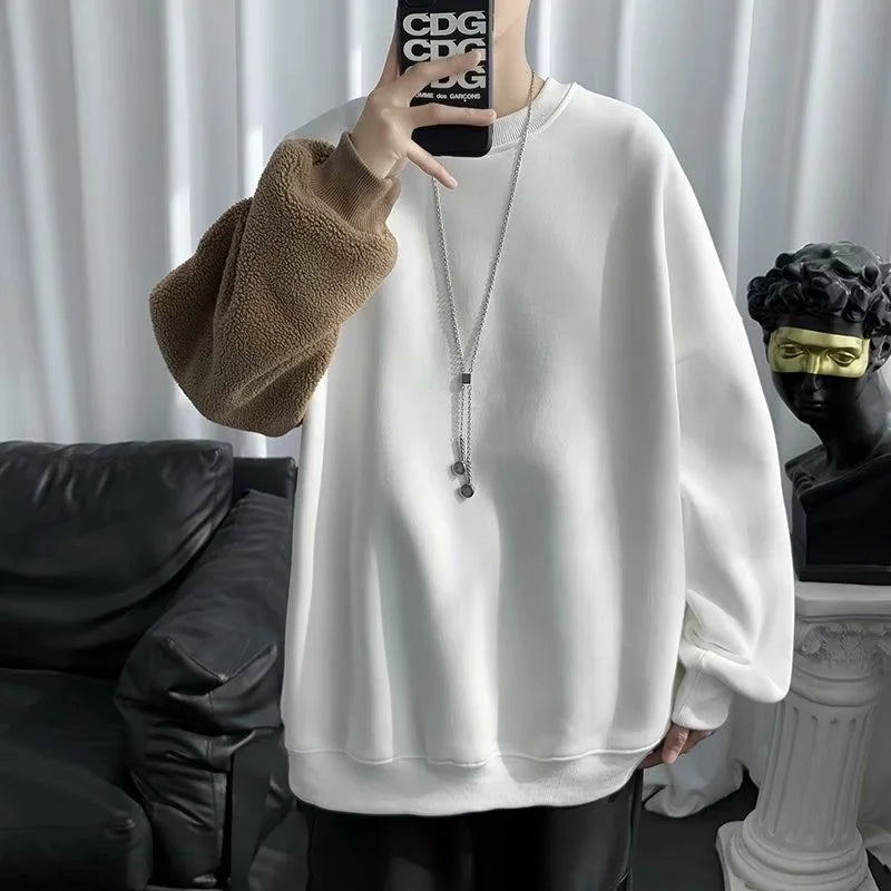 2025 Spring Harajuku Men round Neck Sweatshirt Flocking Cartoon Bear Fleece Long Sleeves Hoodies Unisex Couple Matching Outwear
