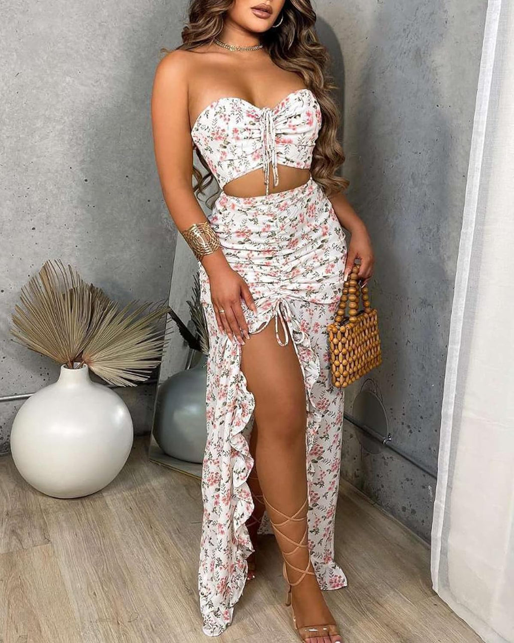 2 Piece Outfits for Women Skirt Sets Summer Two Piece Boho Floral Print Beach Maxi Dress Sexy Crop Tube Top Jumpsuit White L