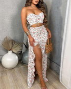 2 Piece Outfits for Women Skirt Sets Summer Two Piece Boho Floral Print Beach Maxi Dress Sexy Crop Tube Top Jumpsuit White L